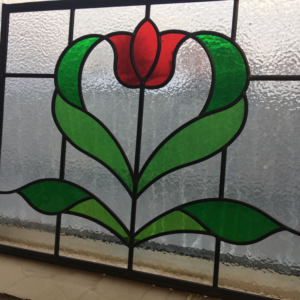 1930s Art Nouveau Rose Stained Glass Panel Traditional Front Doors
